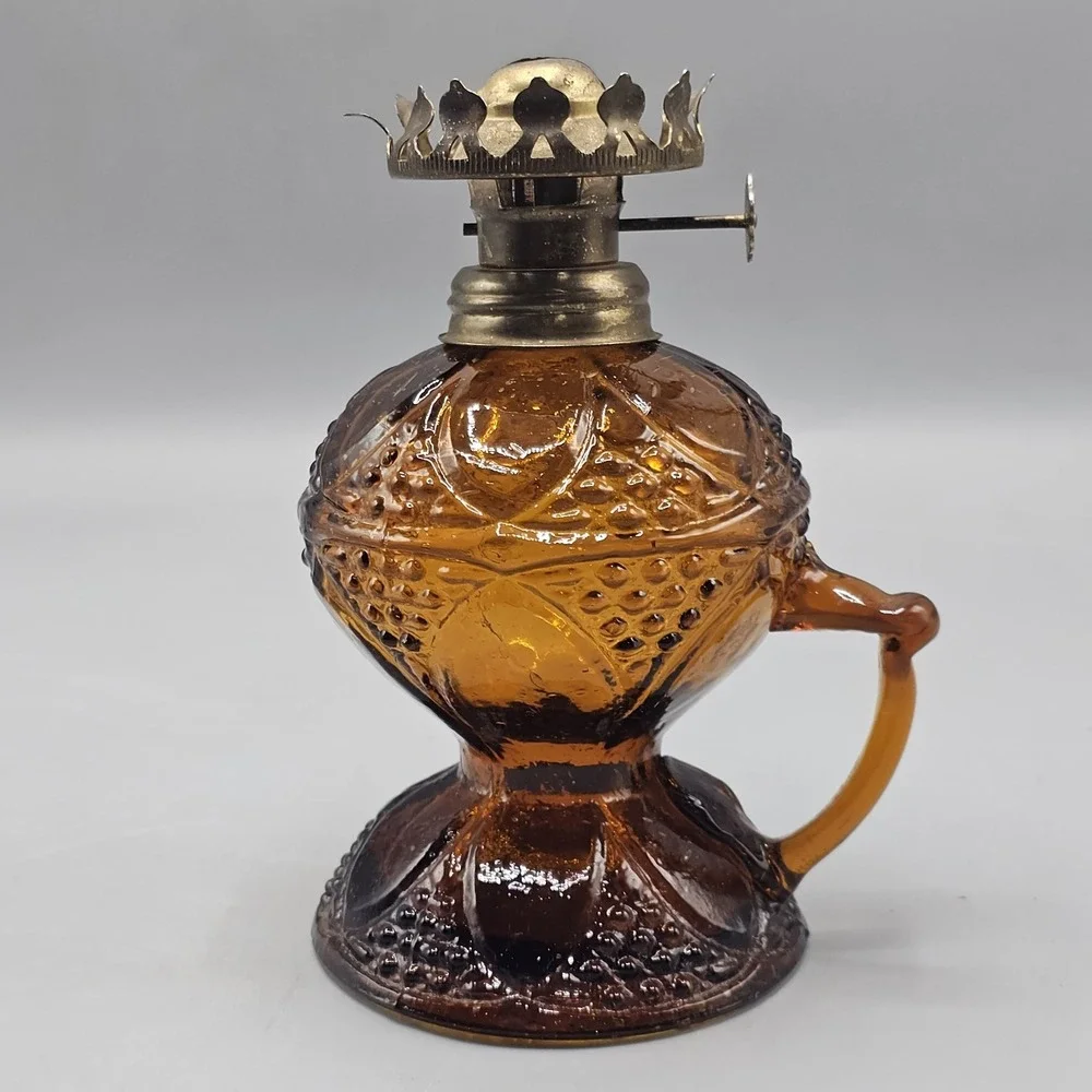 Vintage MCM Amber Glass Oil Lamp W/ Handle 50s 60s